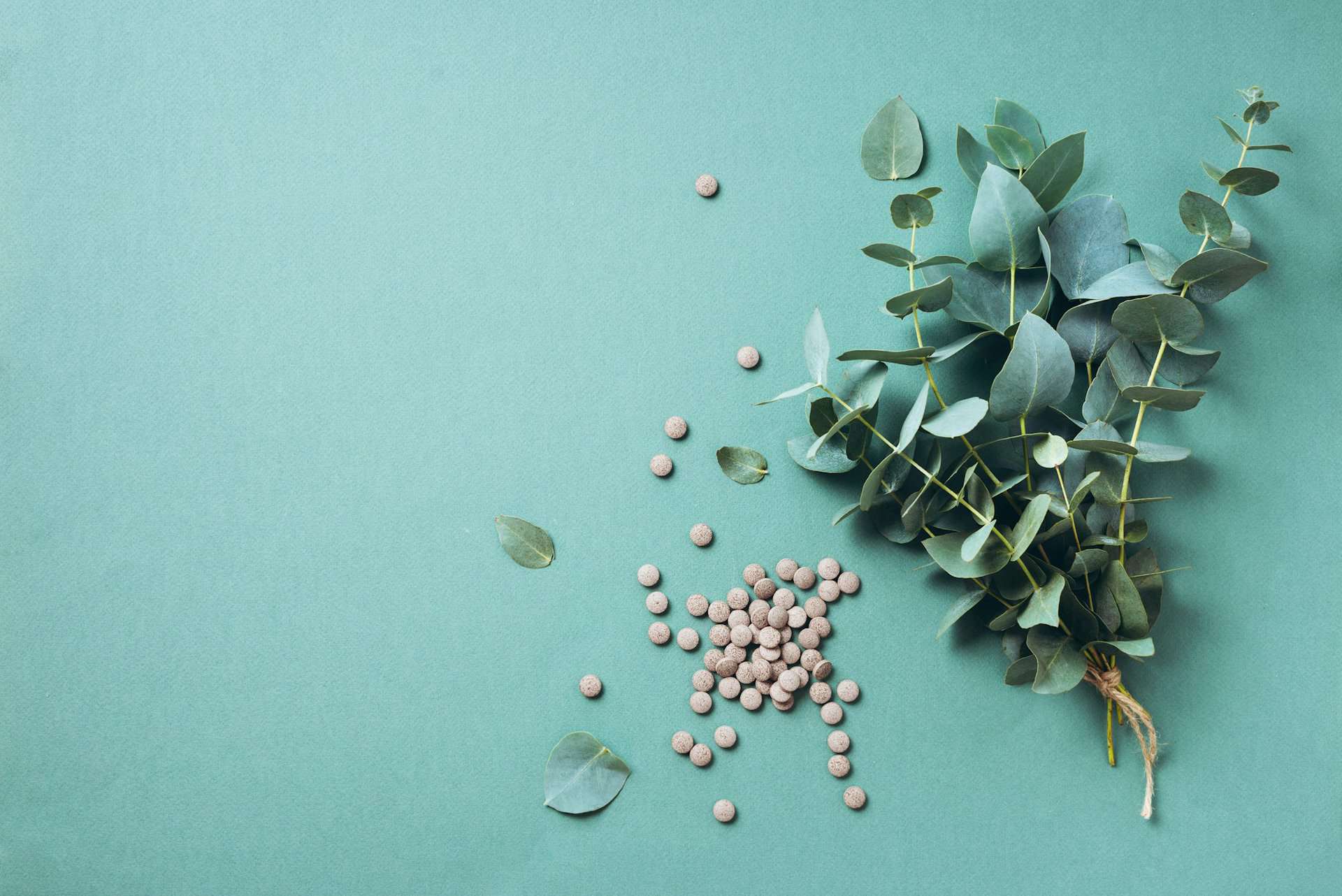 Alternative medicine - green eucalyptus leaves and pills on green background. Detox and anti