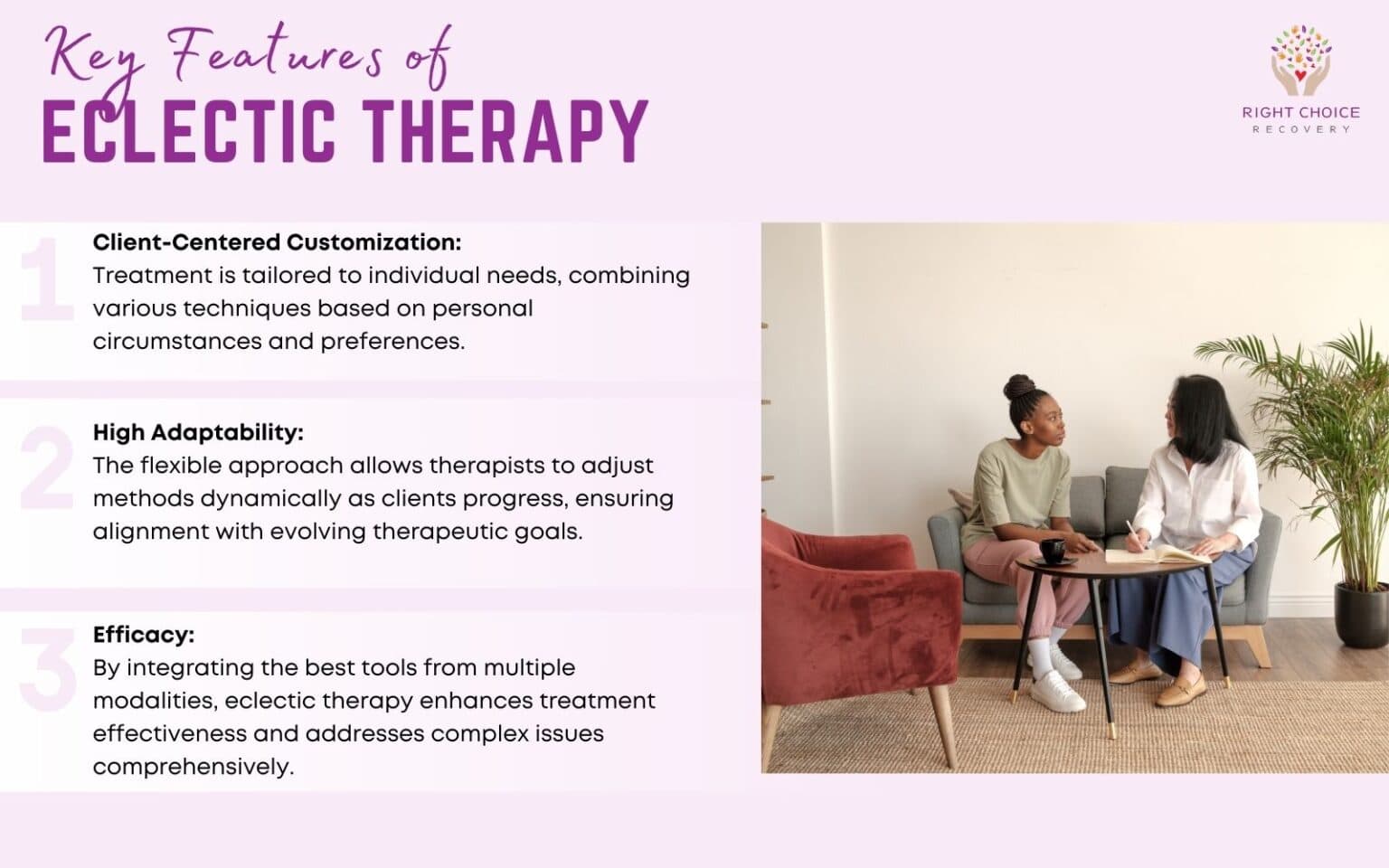 Eclectic Therapy Key Features Benefits How It Works And Application Right Choice Recovery Key Features Of Eclectic Therapy 1536x960 